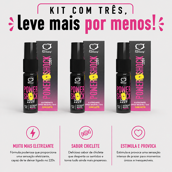 KIT COM TRES POWER SHOCK SPRAY VIBRANTE BEIJÁVEL CHICLETE 15ml ( cada sai por R$ 14,93 no pix )