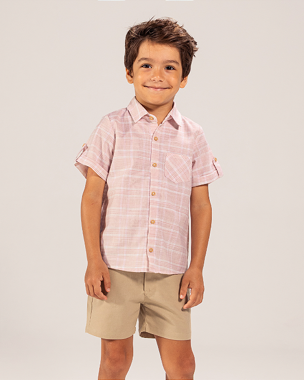 Camisa madeira manga curta Xadrez rosa