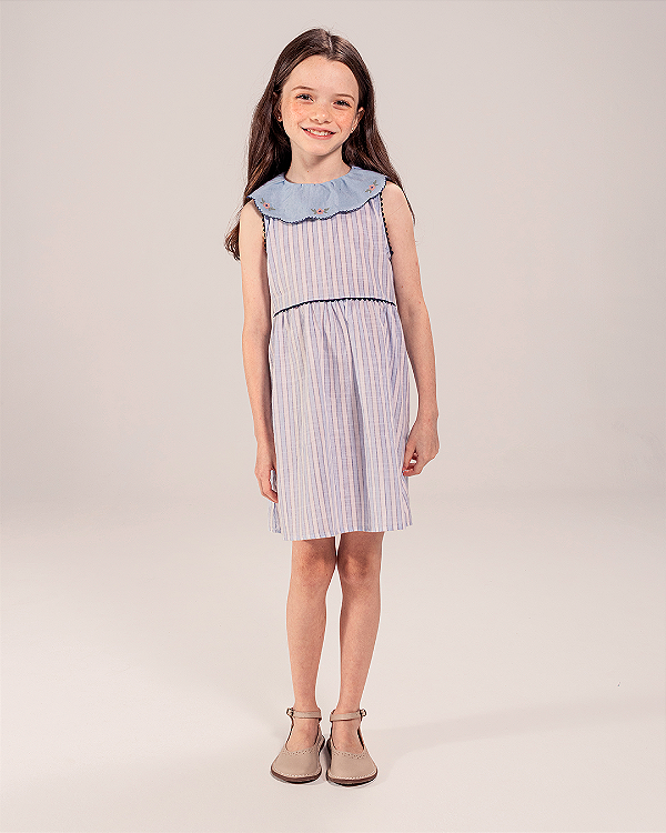 Vestido gola flor Listrado marinho