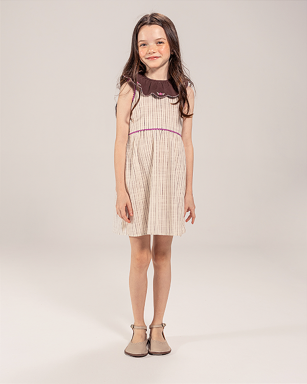 Vestido gola flor Listrado marrom