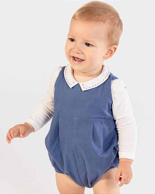 Body baby pontilhado Off-white + azul