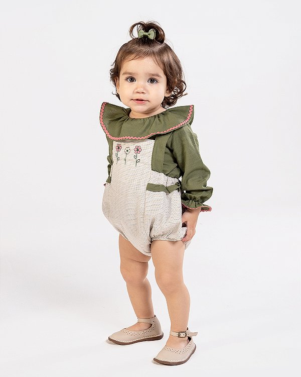 Romper hortência Off-white + verde