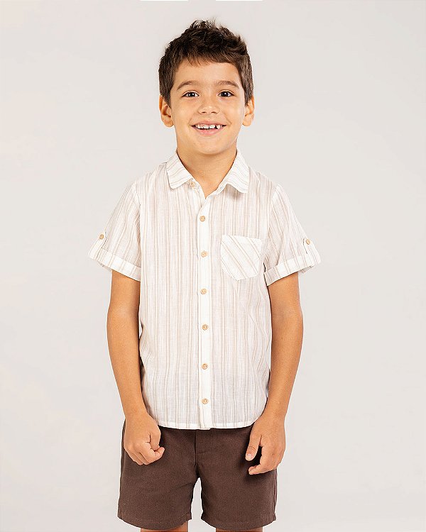 Camisa madeira manga curta Listrado areia