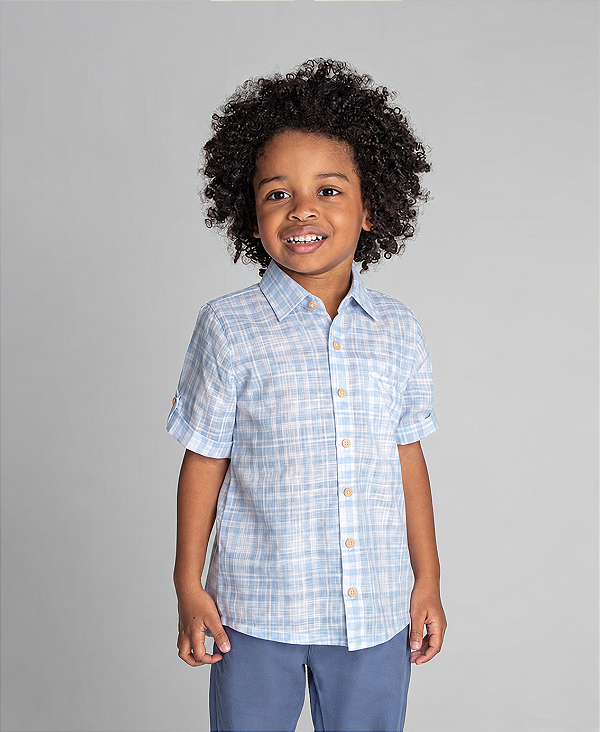 Camisa madeira manga curta Vichy azul