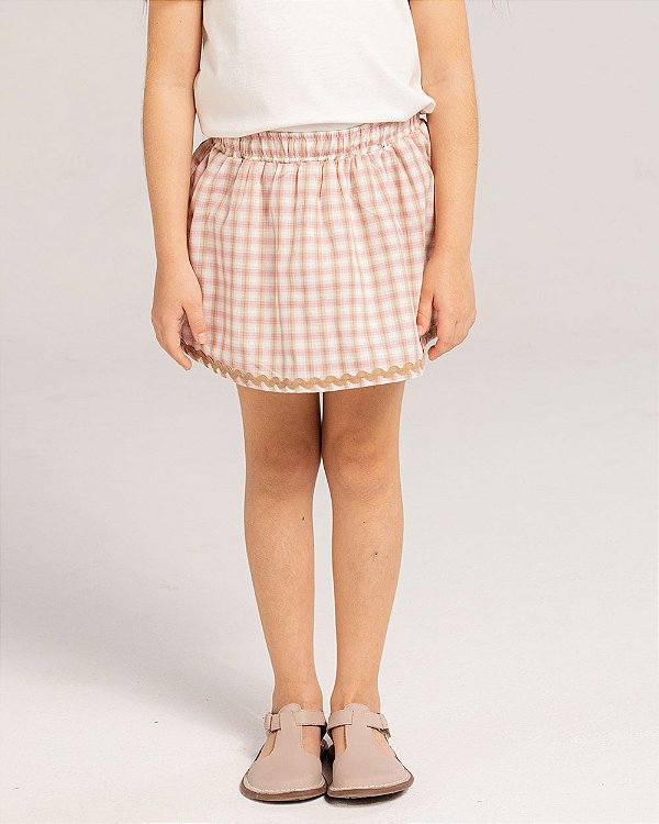 Short saia amêndoa Xadrez rosa e areia