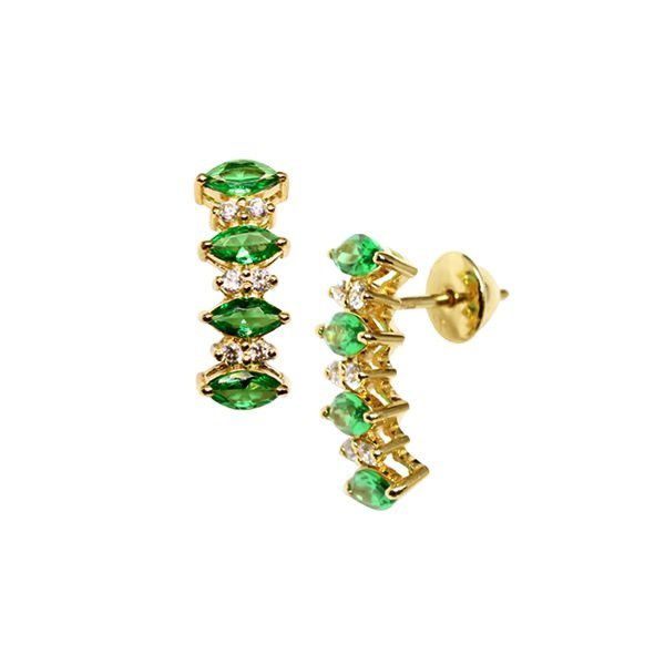 Brinco Navete Ouro 18k Zircônias Verdes