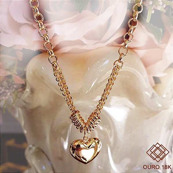 Gargantilha Elo Português com Coração Ouro 18k