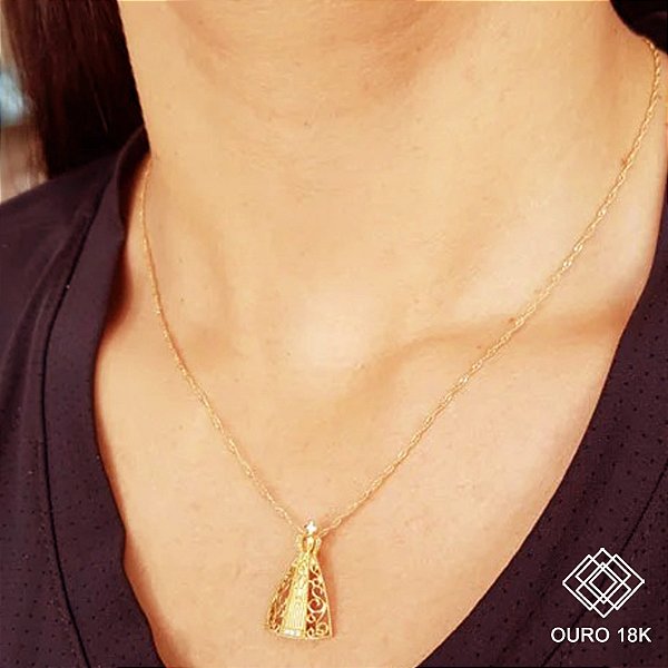 Kit Cordão Ouro 18k + Pingente Nossa Senhora Ouro 18k Zircônias