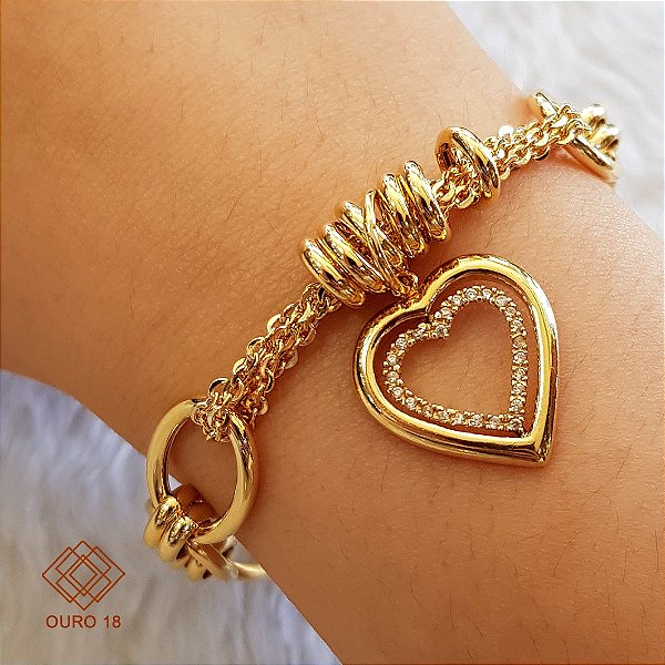 Pulseira Coração Ouro 18k Zircônias