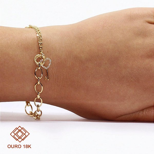 Pulseira Chave Ouro 18k Zircônias
