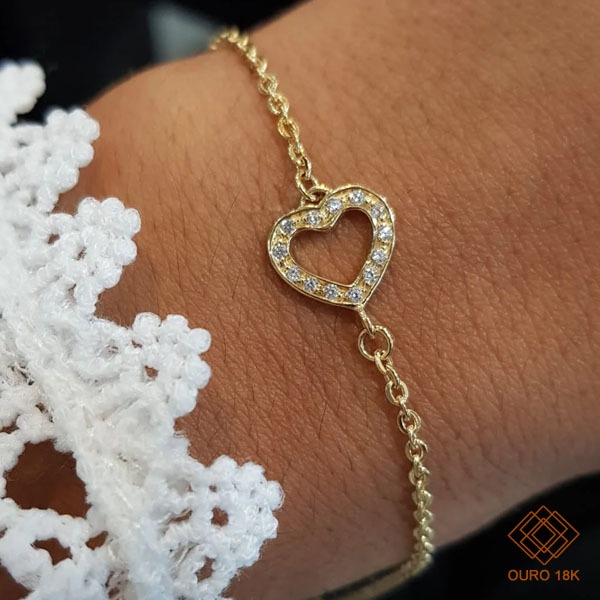 Pulseira Coração Ouro 18k Com Zircônias