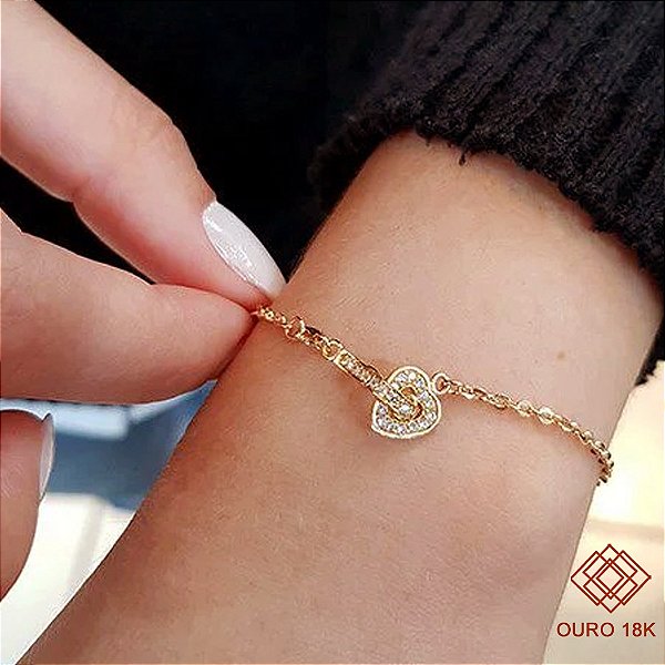 Pulseira Fecho Coração Ouro 18k Zircônias