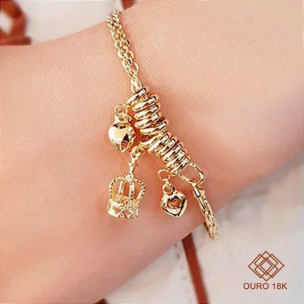 Pulseira Ouro 18k Pingentes Coração e Coroa