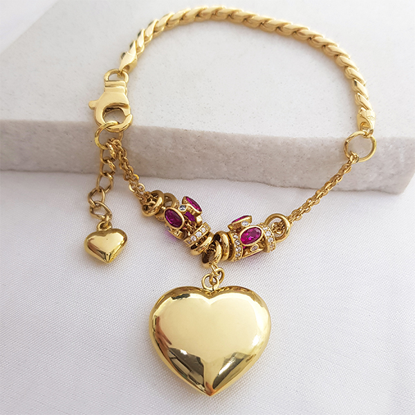 Pulseira Berloques Coração Ouro 18k Zircônias