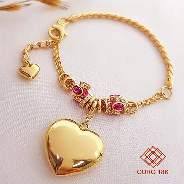 Pulseira Berloques Coração Ouro 18k Zircônias