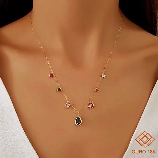 Gargantilha Gotas Ouro 18k Zircônias Coloridas