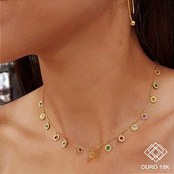 Gargantilha Choker Colorida Ouro 18k Pedras Naturais
