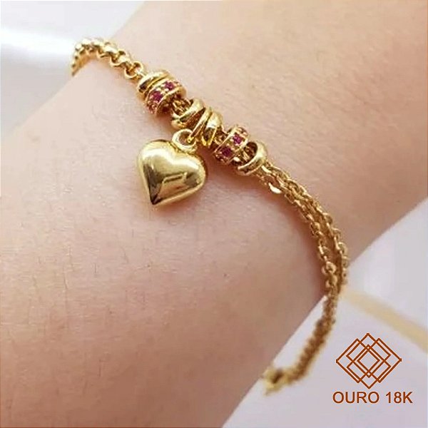 Pulseira Elo Português Coração Ouro 18k Zircônias