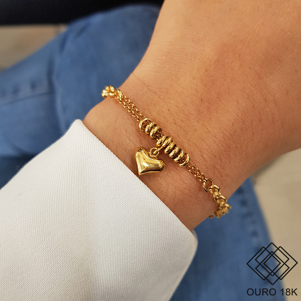 Pulseira Elo Português  Berloque Coração Ouro 18k
