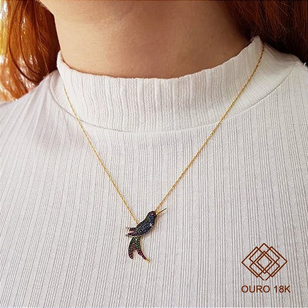 Pingente Beija Flor Ouro 18k Zircônias