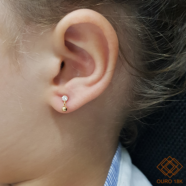 Brinco Infantil Bolinha Ouro 18k Zircônia