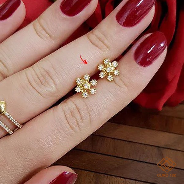 Brinco Flor Ouro 18k Zircônias