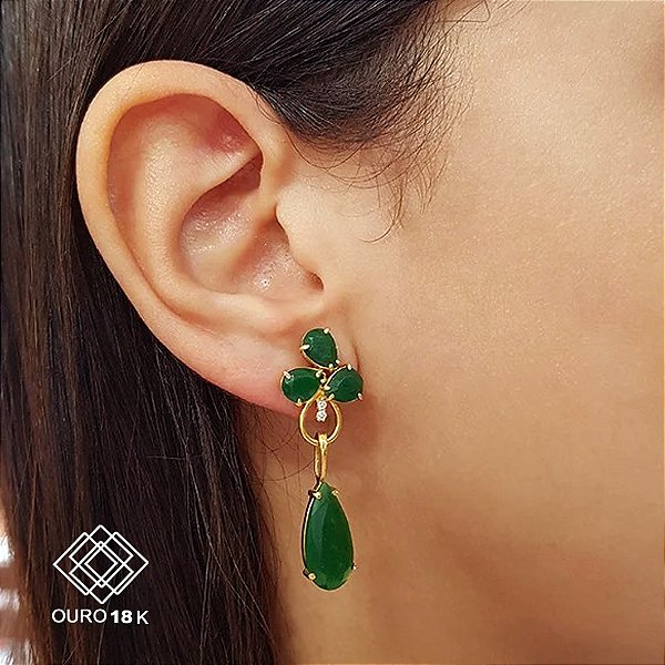 Brinco Ouro 18k Pedras Naturais Ouro 18k