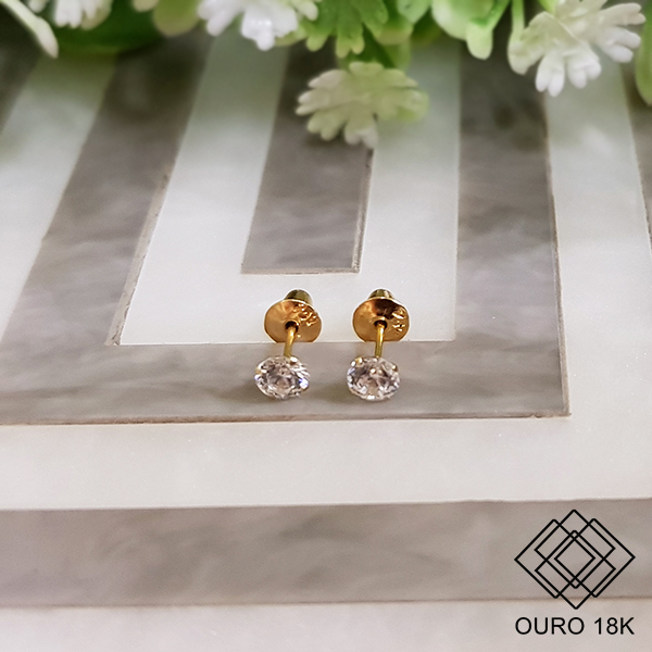 Brinco Segundo Furo Ponto de Luz Ouro 18k Zircônia