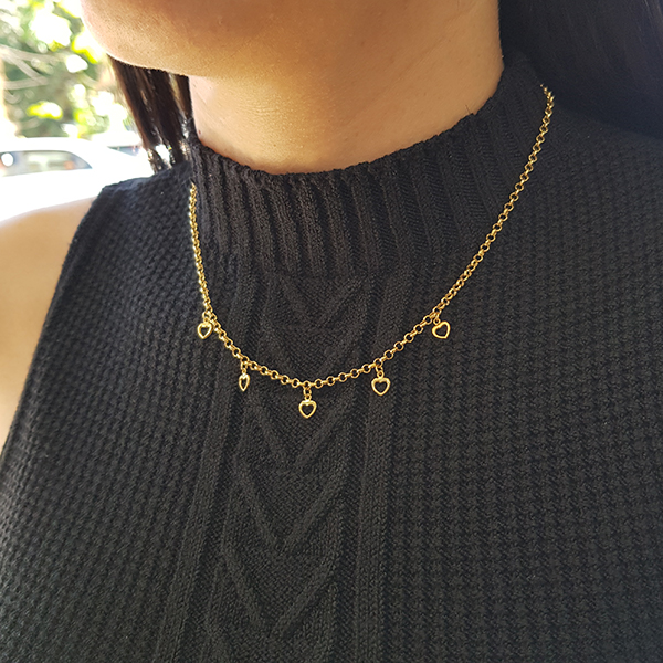Gargantilha Choker Corações Ouro 18k