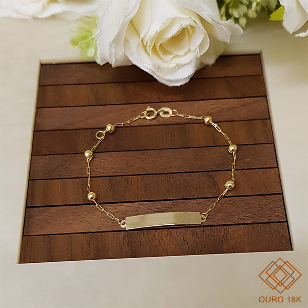 Pulseira Infantil Plaquinha com Esferas Ouro 18k