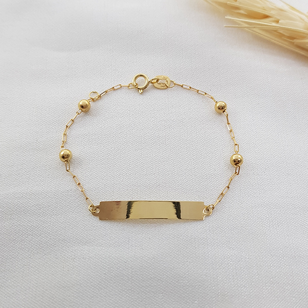 Pulseira Infantil Plaquinha com Esferas Ouro 18k