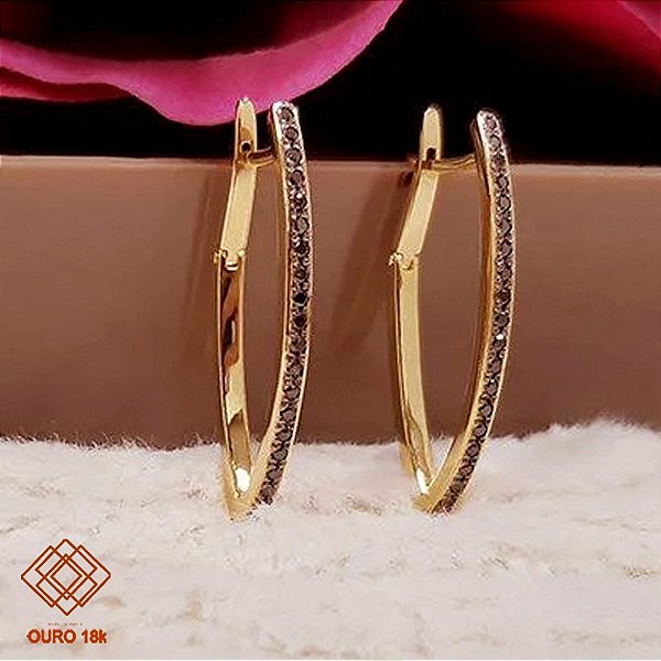 Brinco Argola Ouro 18k Zircônias Negras