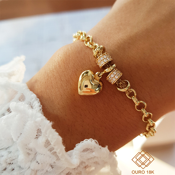 Pulseira Elo Português Coração Ouro 18k