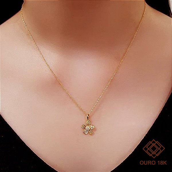 Kit Cordão + Pingente Filigrana Flor Ouro 18k