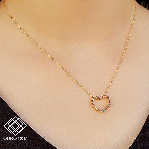 Kit Cordão + Pingente Coração Ouro 18k Zircônias