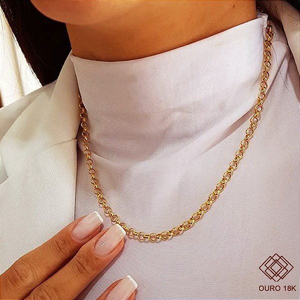 Cordão Elo Português 4mm Oco Ouro 18k - 45cm