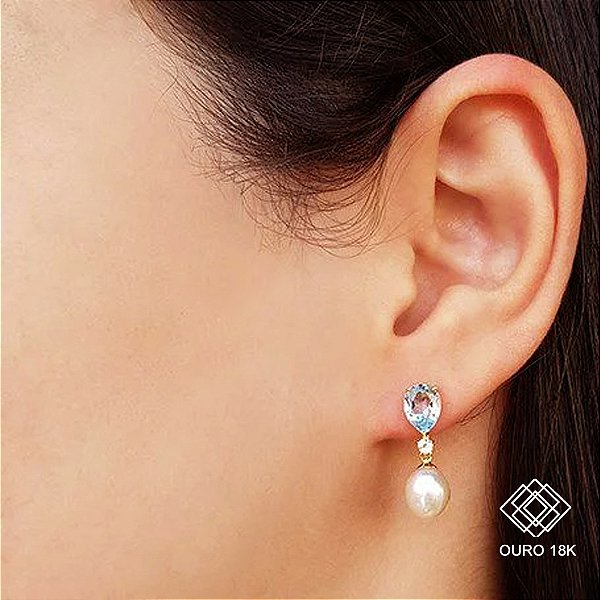 Brinco Pérola Biwa Ouro 18k Topázio