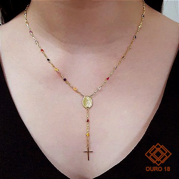 Gargantilha Terço Nossa Senhora Aparecida Ouro 18k Pedras Coloridas