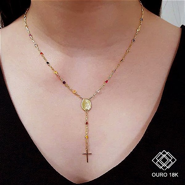 Gargantilha Terço Nossa Senhora Aparecida Ouro 18k Pedras Coloridas