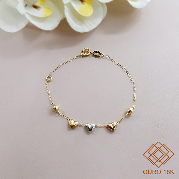 Pulseira Infantil Corações 3 Cores Ouro 18k
