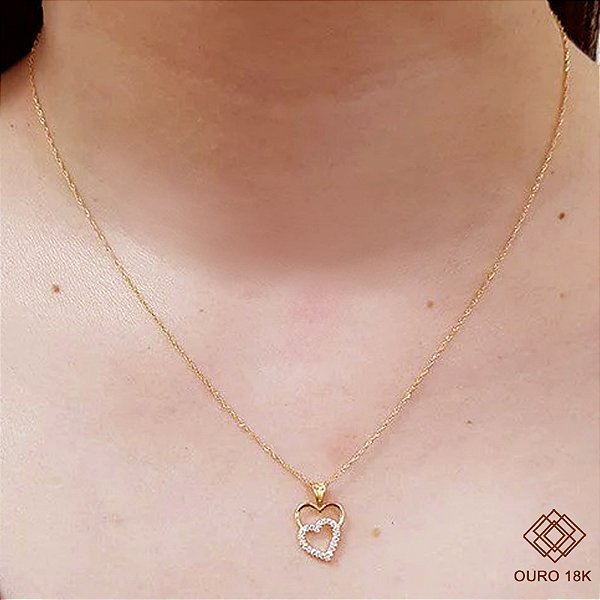 Kit Cordão + Pingente Corações Ouro 18k