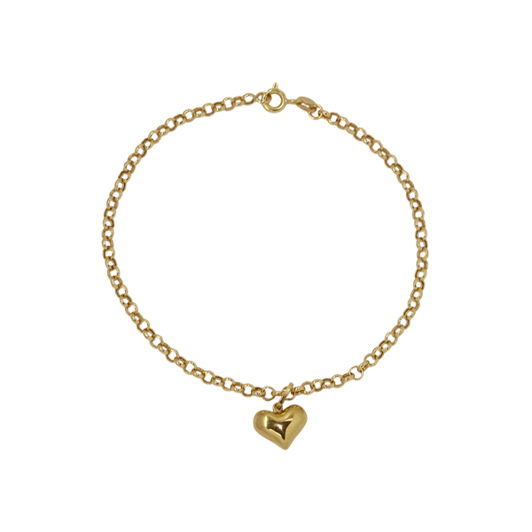 Pulseira Elo Português 2mm Coração Ouro 18k