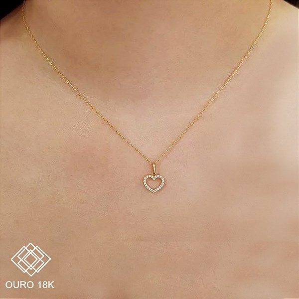 Kit Cordão + Pingente Coração Ouro 18k Zircônias