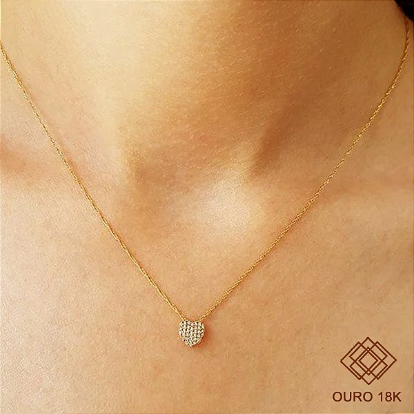 Kit Cordão + Pingente Coração Ouro 18k Zircônias