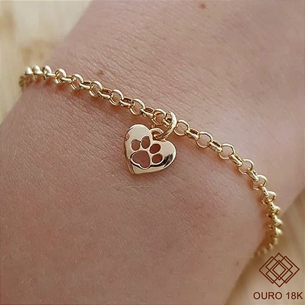Kit Pulseira Elo Português Ouro 18k + Pingente Patinha Ouro 18k Pet Love
