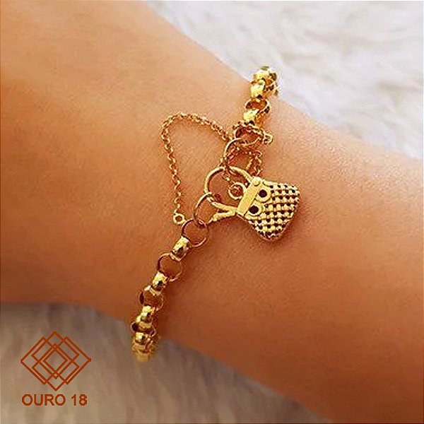 Pulseira Fecho Bolsa Pingente Ouro 18k