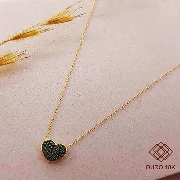 Gargantilha Chuveiro Coração Zircônias Verdes Ouro 18k