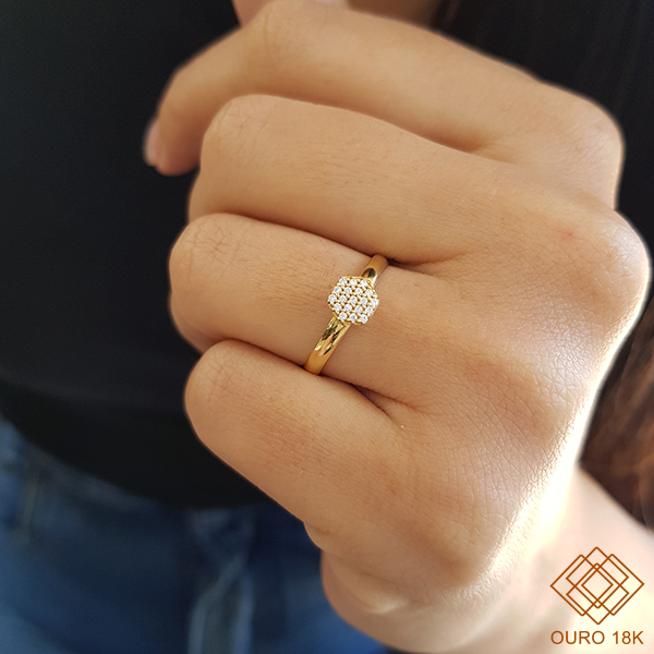 Anel Chuveiro Sextavado Ouro 18k Zircônias