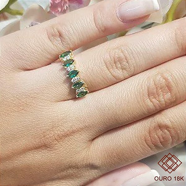 Anel Navete Ouro 18k Zircônias Verdes
