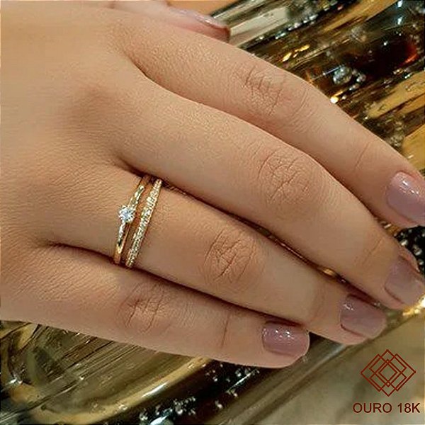 Anel Solitário e Aparador Ouro 18k Com Zircônias